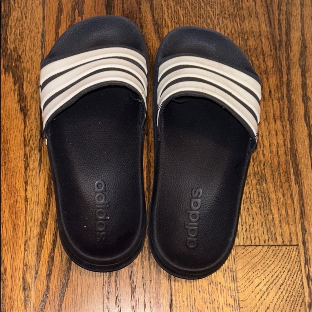 Adidas Blue and White Striped Slides